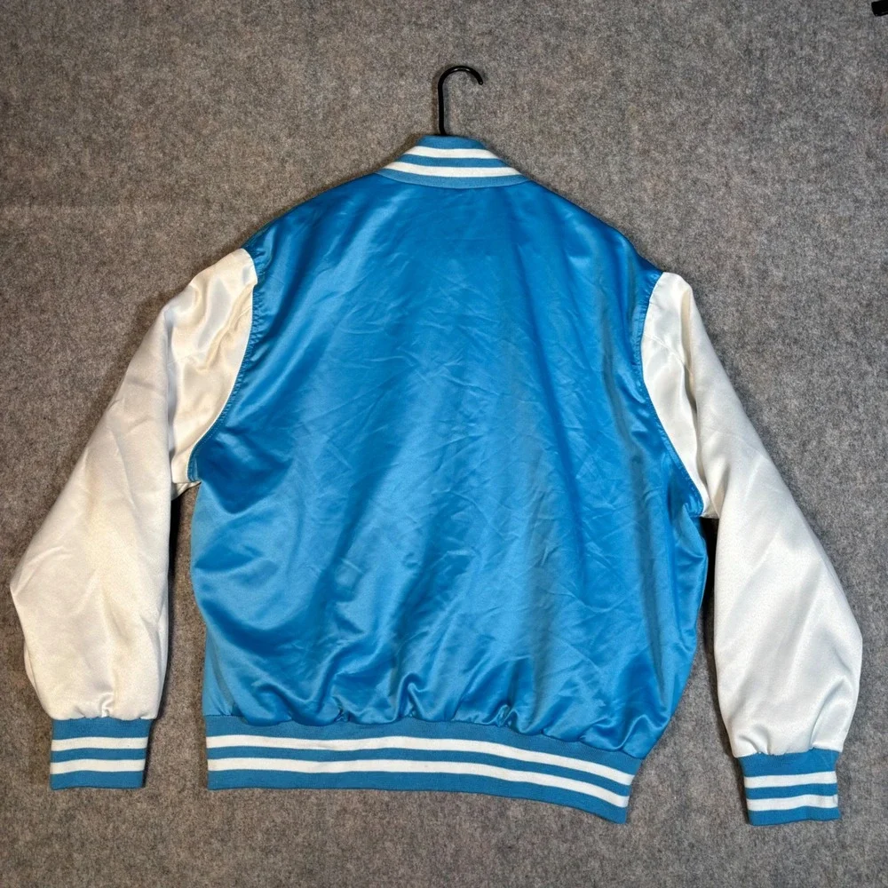 Varsity Base Bomber Jacket Mens XL Blue White Satin Letterman Collegiate Retro